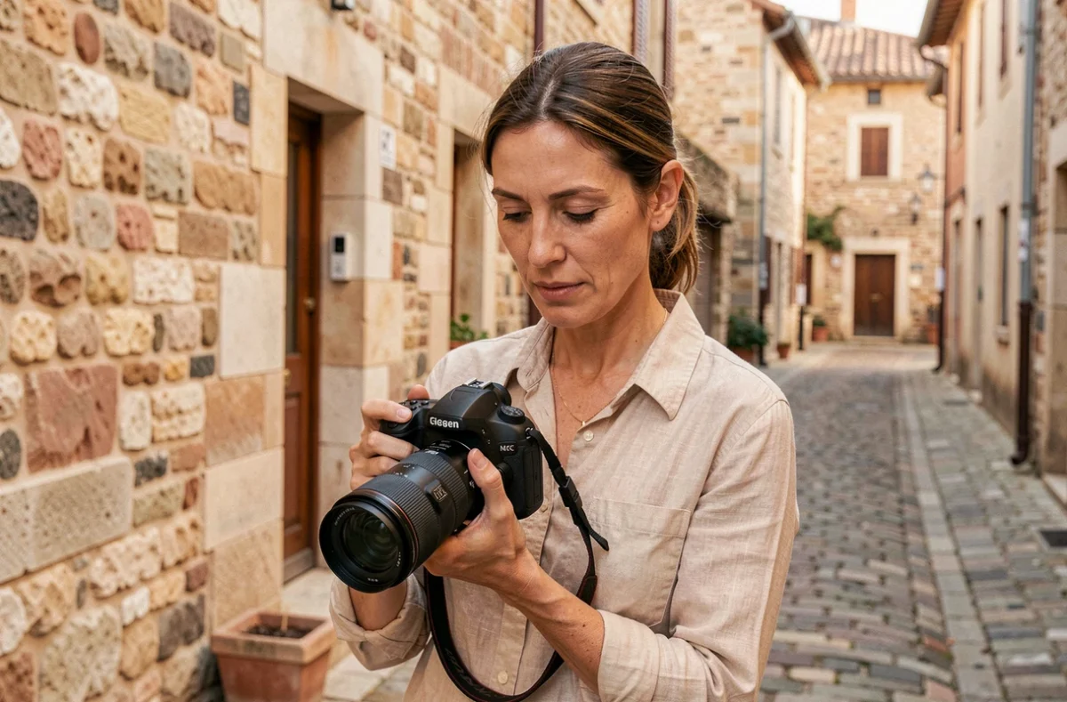Photographe professionnelle tenant un appareil photo devant un bâtiment en pierre de Figeac, illustrant comment choisir son photographe local