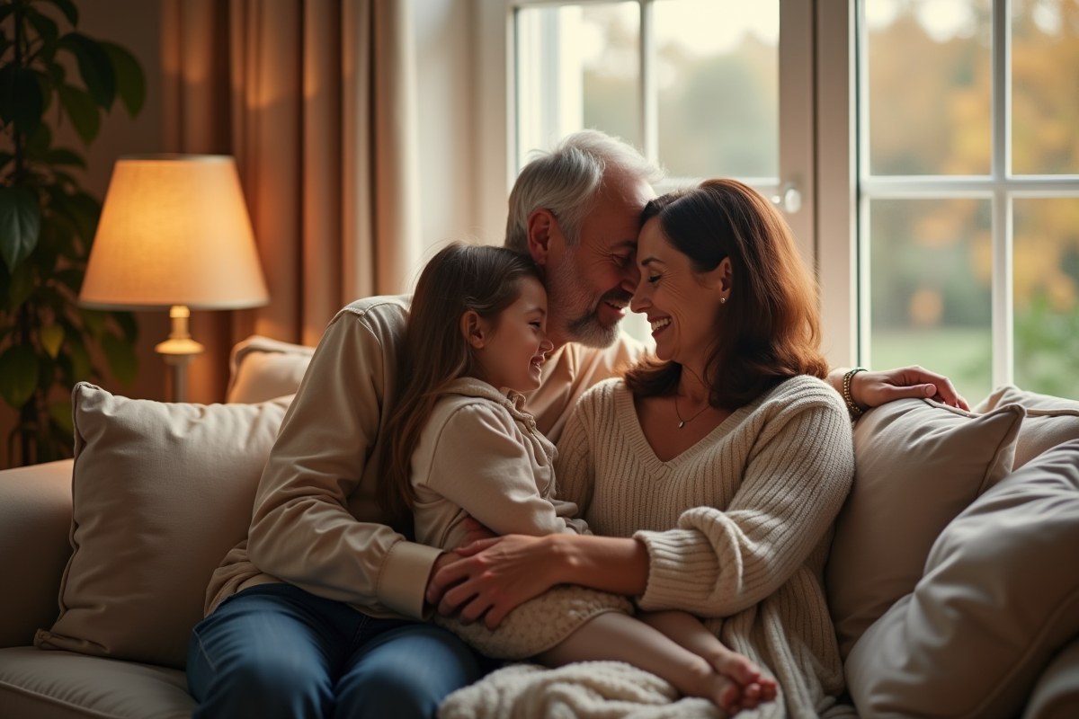 Câlin chaleureux entre famille dans un salon cosy