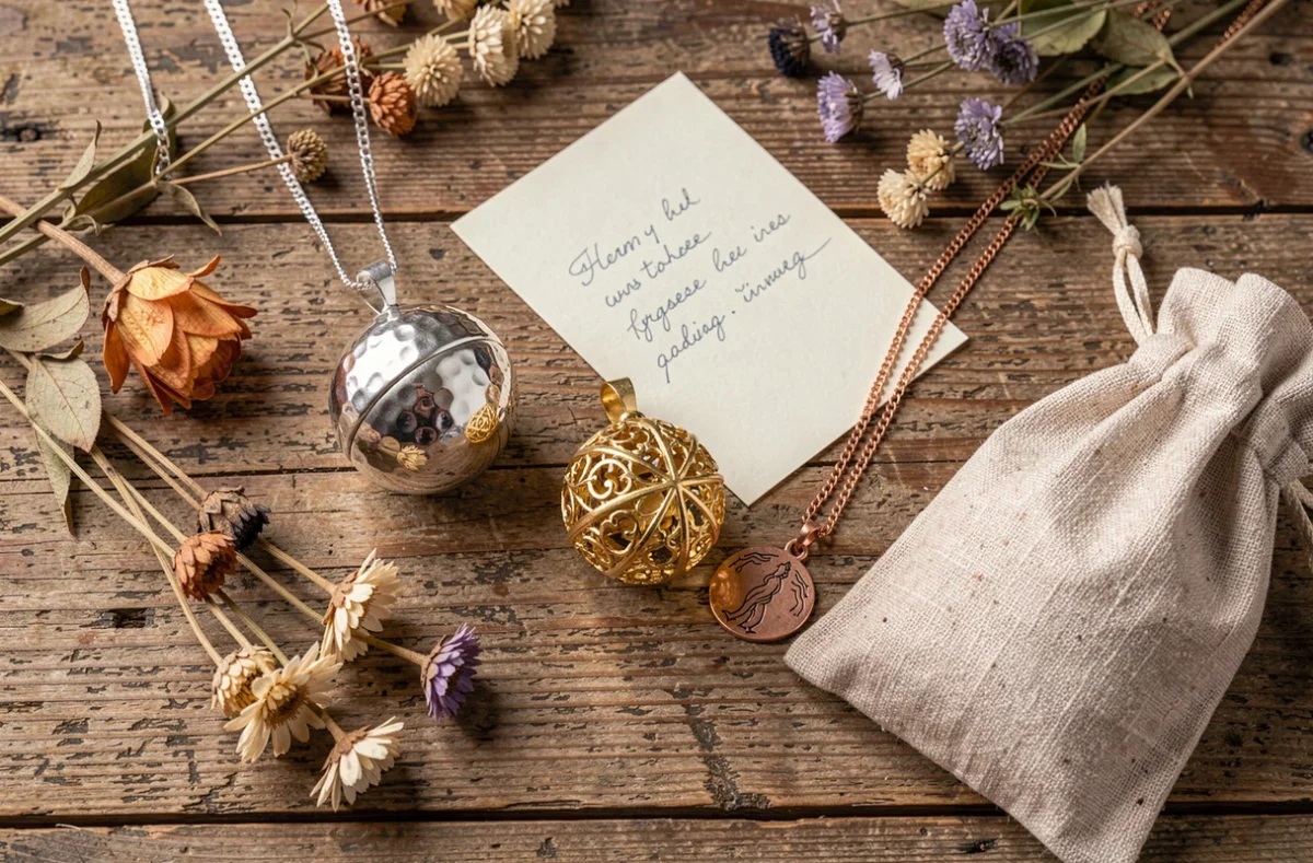 Collection de bolas de grossesse de différentes origines artisanales posés sur une table en bois avec des éléments botaniques