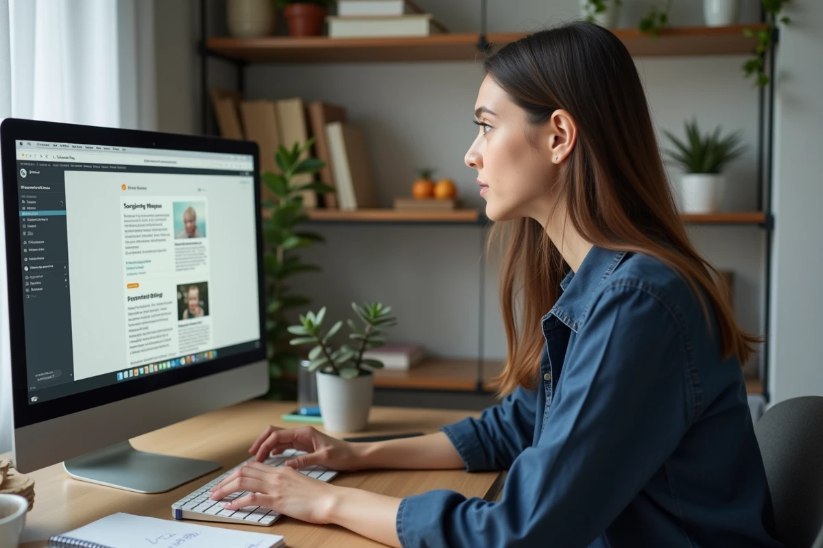 Jeune femme analysant et comparant une application de puériculture moderne et un blog classique sur un écran d'ordinateur à domicile