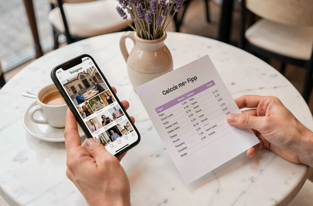 Client comparant le portfolio et le tarif d'un photographe dans un café à Figeac pour faire son choix
