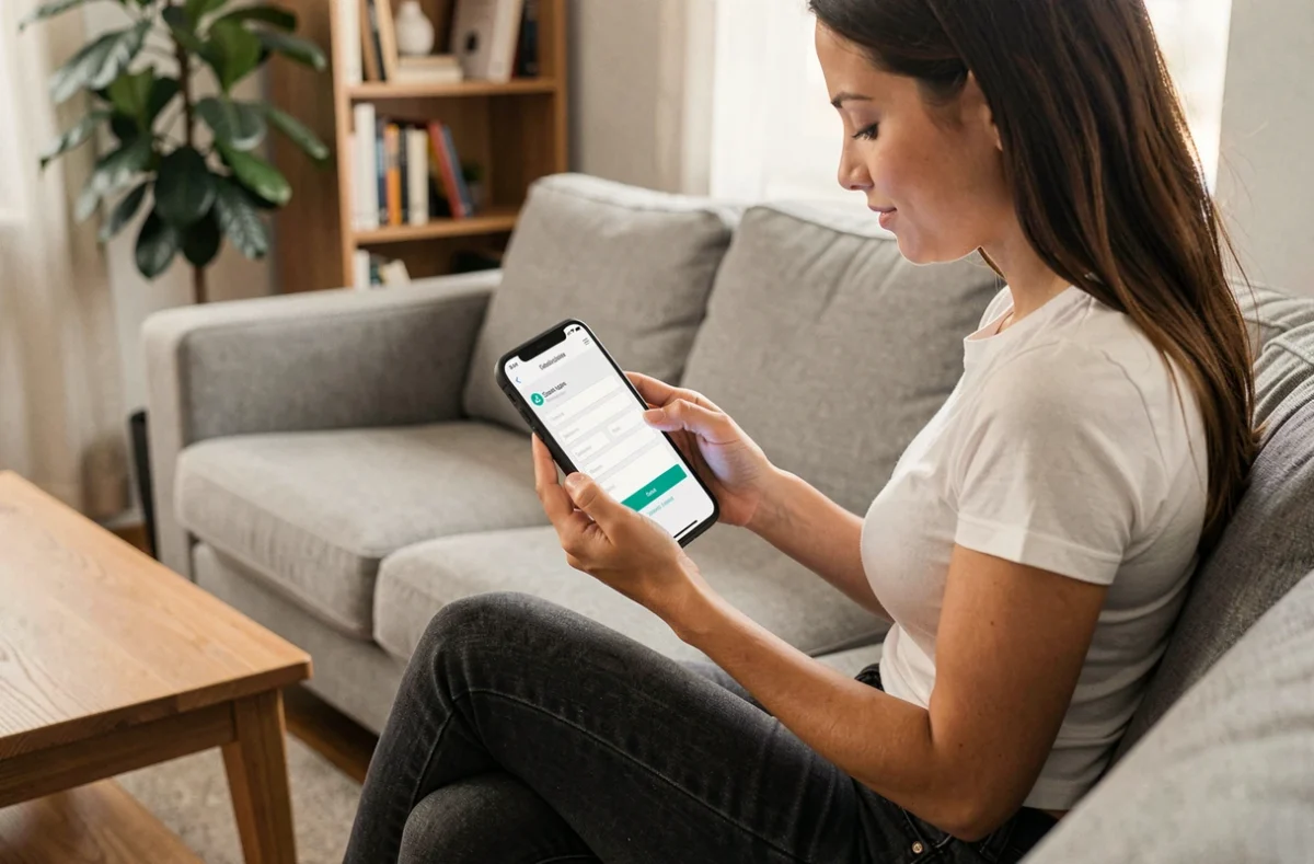Jeune femme utilisant son smartphone pour se connecter à Médisysnet depuis son salon