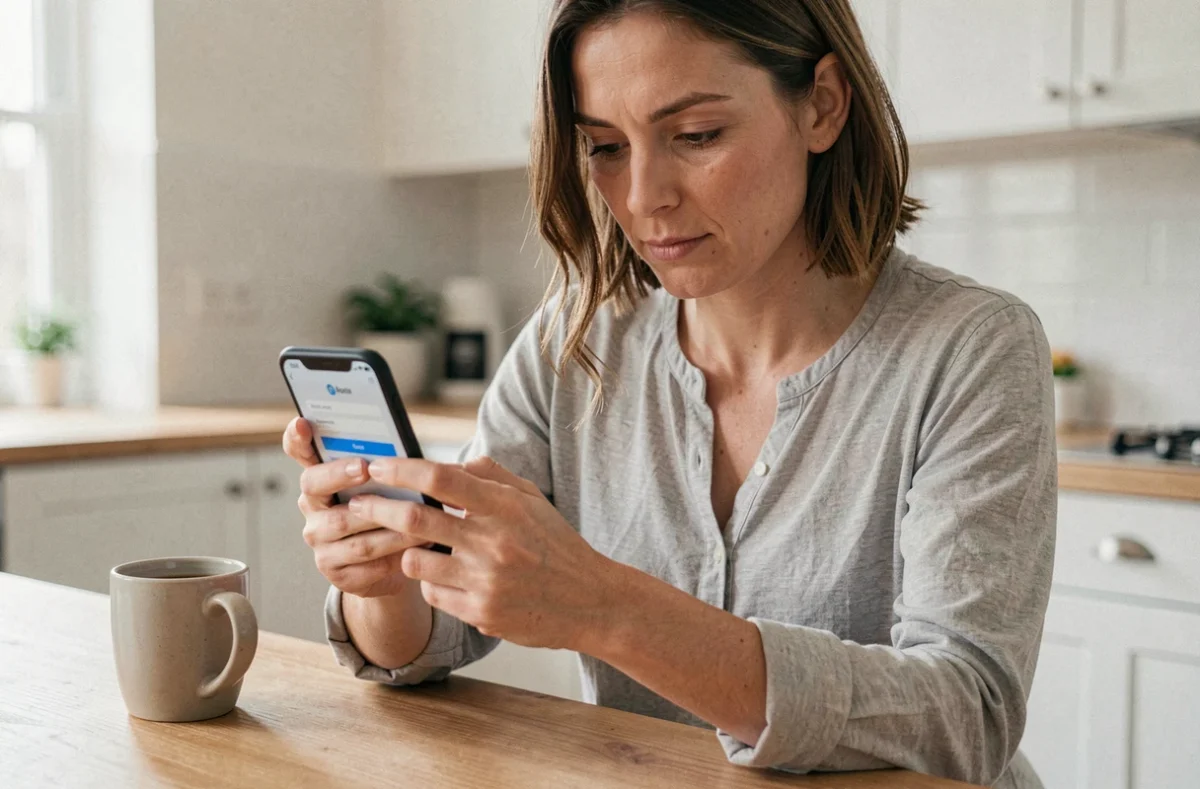 Femme connectée au portail Médisysnet sur smartphone depuis sa cuisine