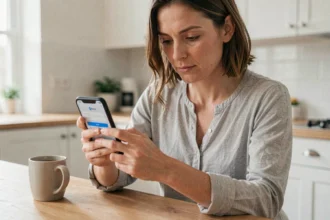 Femme connectée au portail Médisysnet sur smartphone depuis sa cuisine