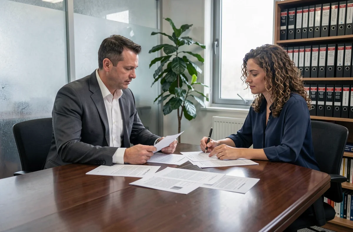 Consultation juridique entre une mère et son avocat pour préparer une lettre au juge justifiant un déménagement avec enfant