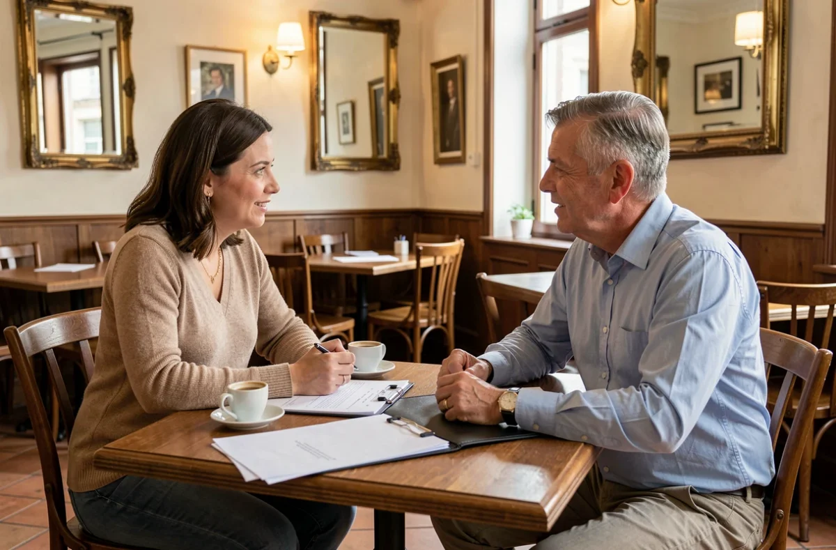 Réunion de consultation entre un photographe et un client dans un café de Villeparisis pour un projet commercial