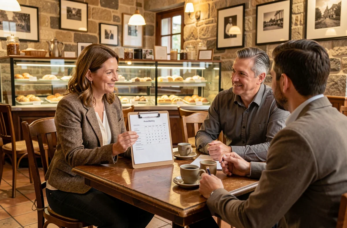 Consultation tarifaire avec une photographe dans un café alsacien à Rixheim
