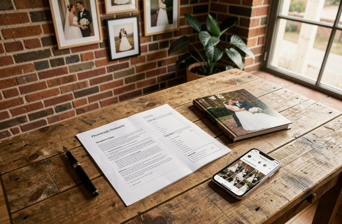 Contrat et tarifs d'un photographe de mariage présentés lors d'une consultation en studio