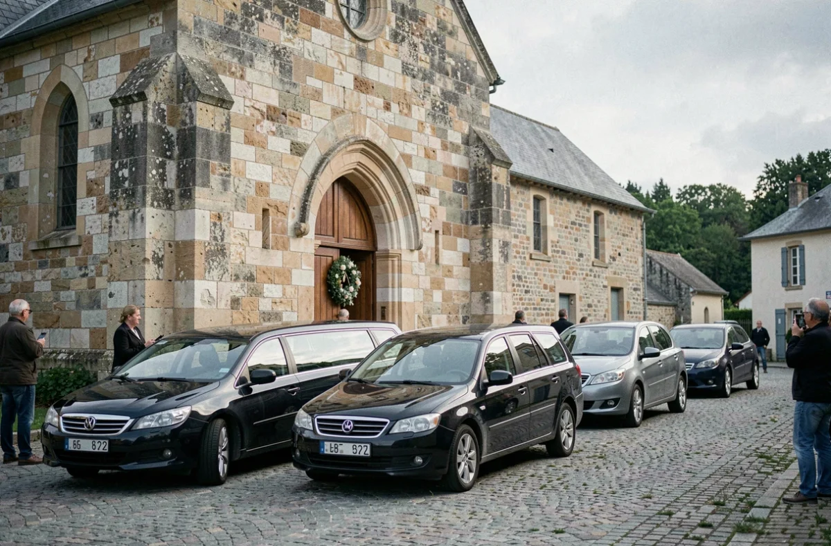 Corbillard et convoi funèbre devant une église de village française lors d'un enterrement le samedi matin
