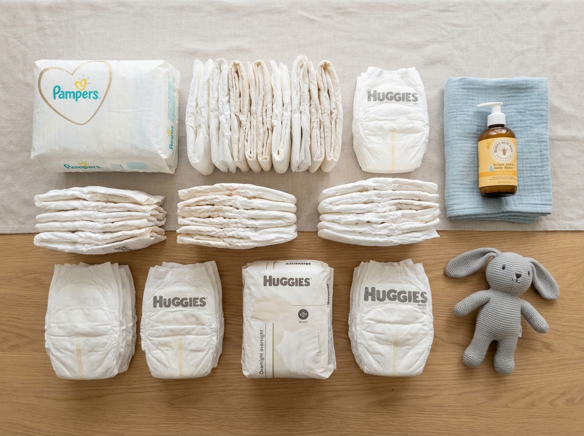 Sélection de couches nuit absorbantes pour bébé disposées en flat-lay minimaliste