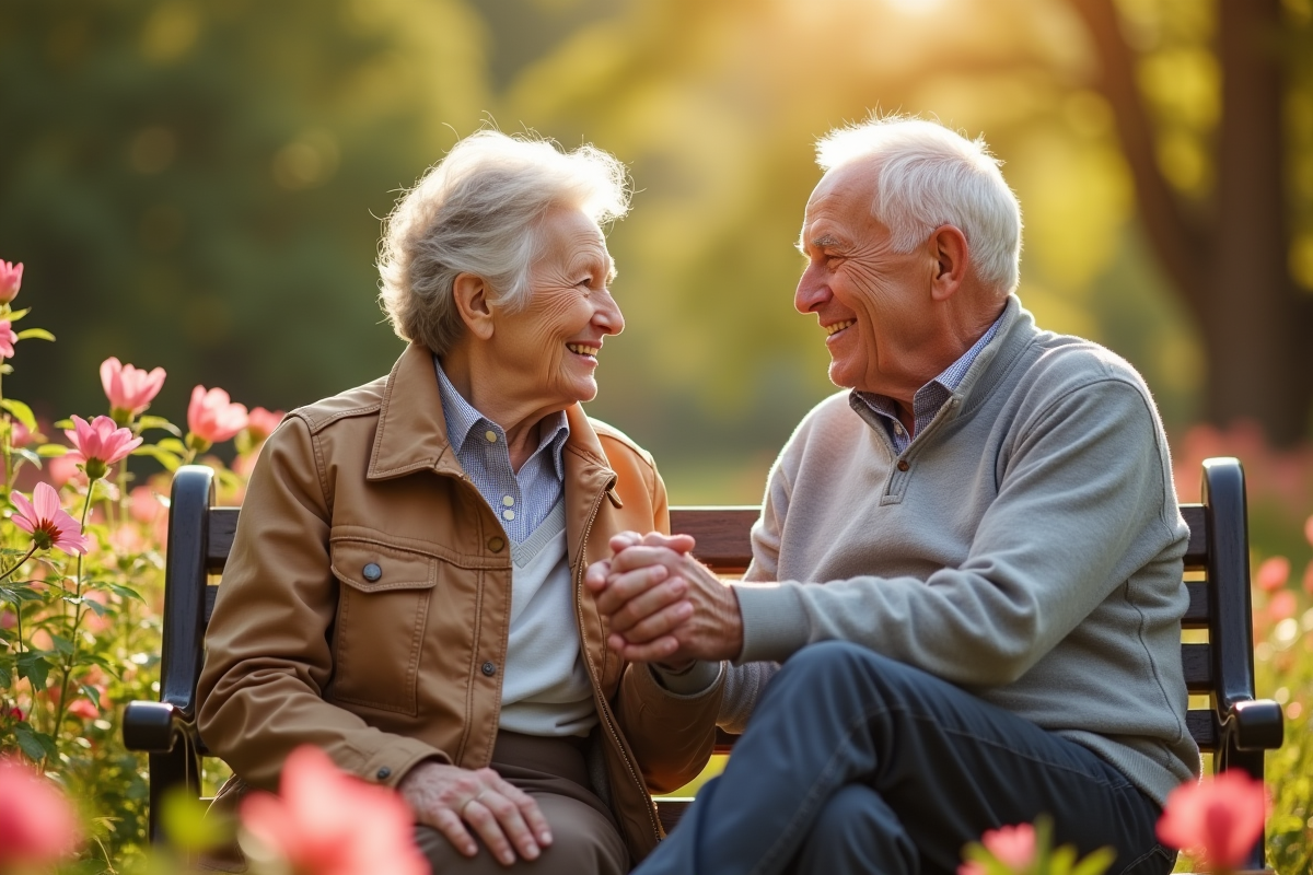 Couple âgé souriant main dans la main dans un parc en fleurs