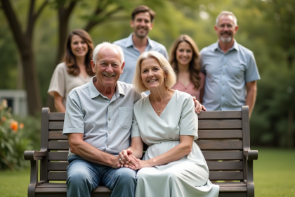 Couple âgé souriant avec famille dans le jardin