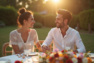 Couple heureux lors d un anniversaire en plein air