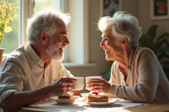 Couple mature avec cheveux argentés partageant un thé dans la cuisine