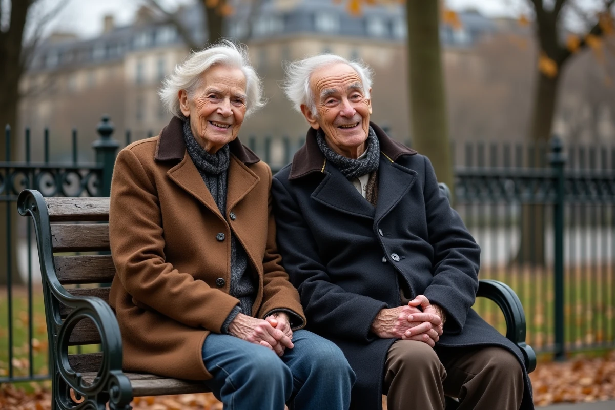 Couple âgé assis sur un banc dans un parc en automne à Paris