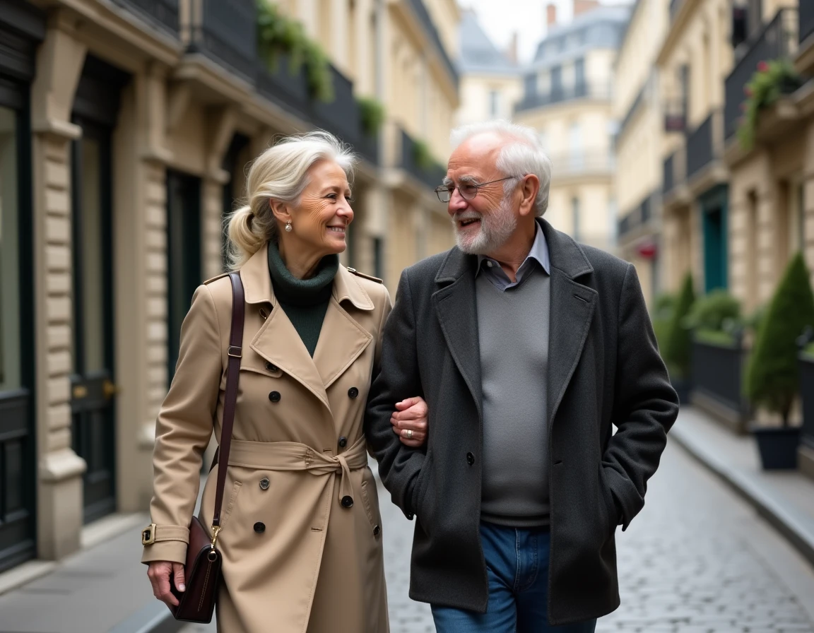 Couple de parents bourgeois parisiens se promenant dans un quartier haussmannien de Paris