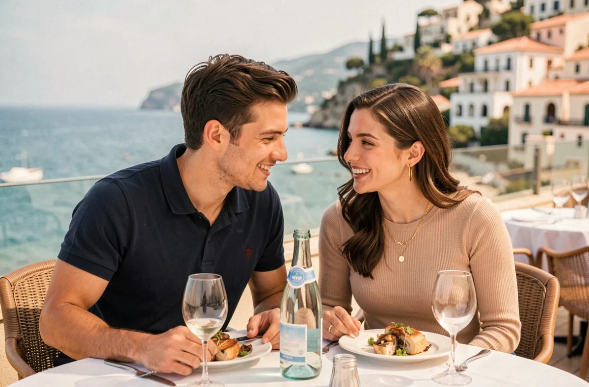Couple complice déjeunant en terrasse face à la mer Méditerranée, ambiance lifestyle luxueux