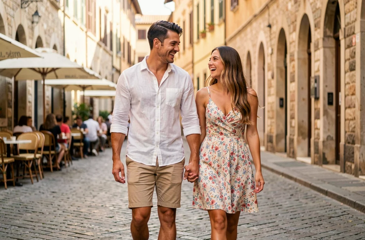 Couple élégant se promenant dans une rue pavée européenne, ambiance naturelle et complice