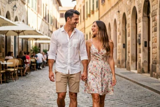 Couple élégant se promenant dans une rue pavée européenne, ambiance naturelle et complice