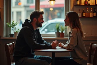 Un homme et une femme discutant intimement dans un café parisien, illustrant la relation de couple