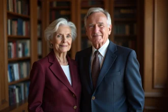 Couple élégant de seniors dans un intérieur parisien raffiné, illustrant la vie privée de personnalités publiques françaises