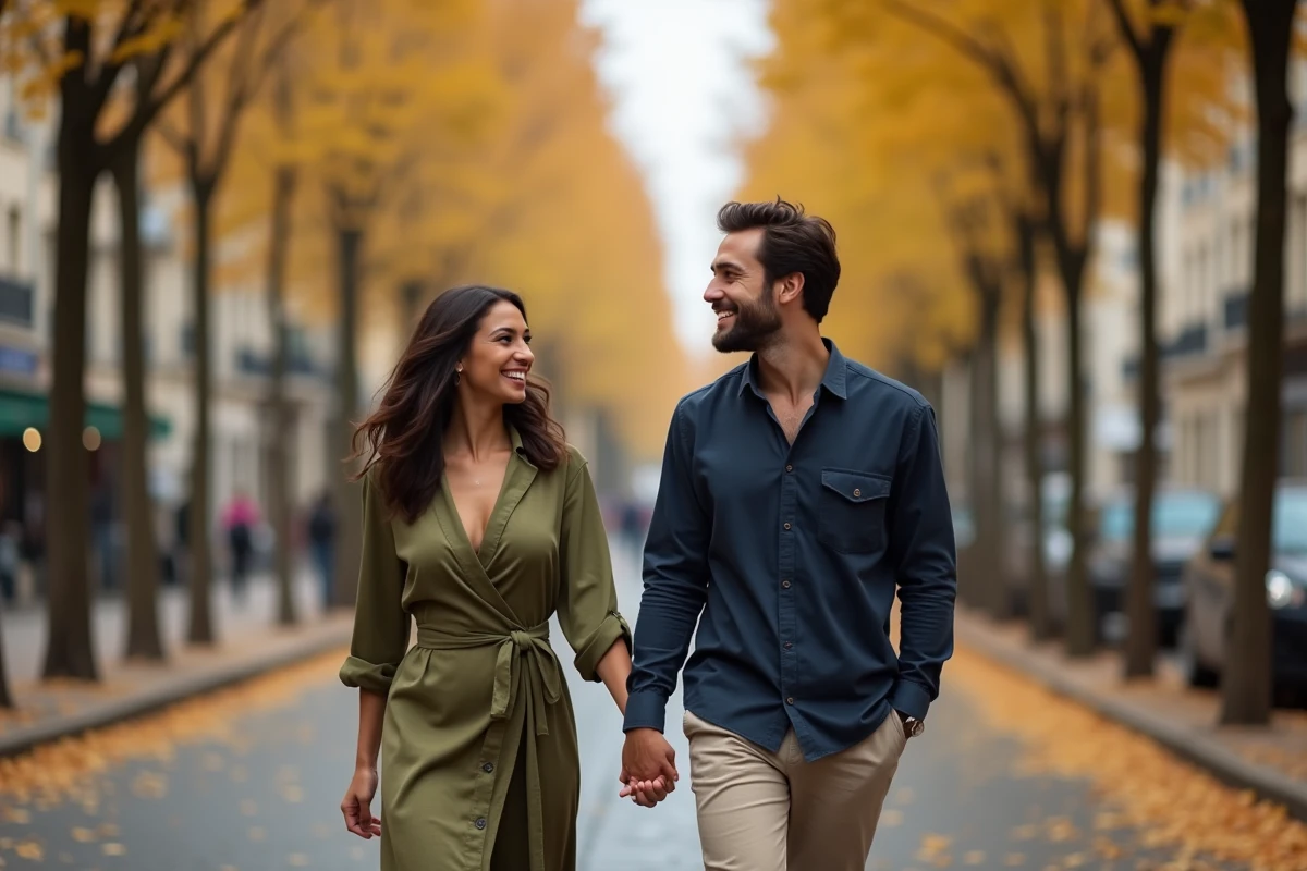 Couple élégant se promenant sur un boulevard parisien en automne, illustrant la vie privée d'une personnalité publique influente