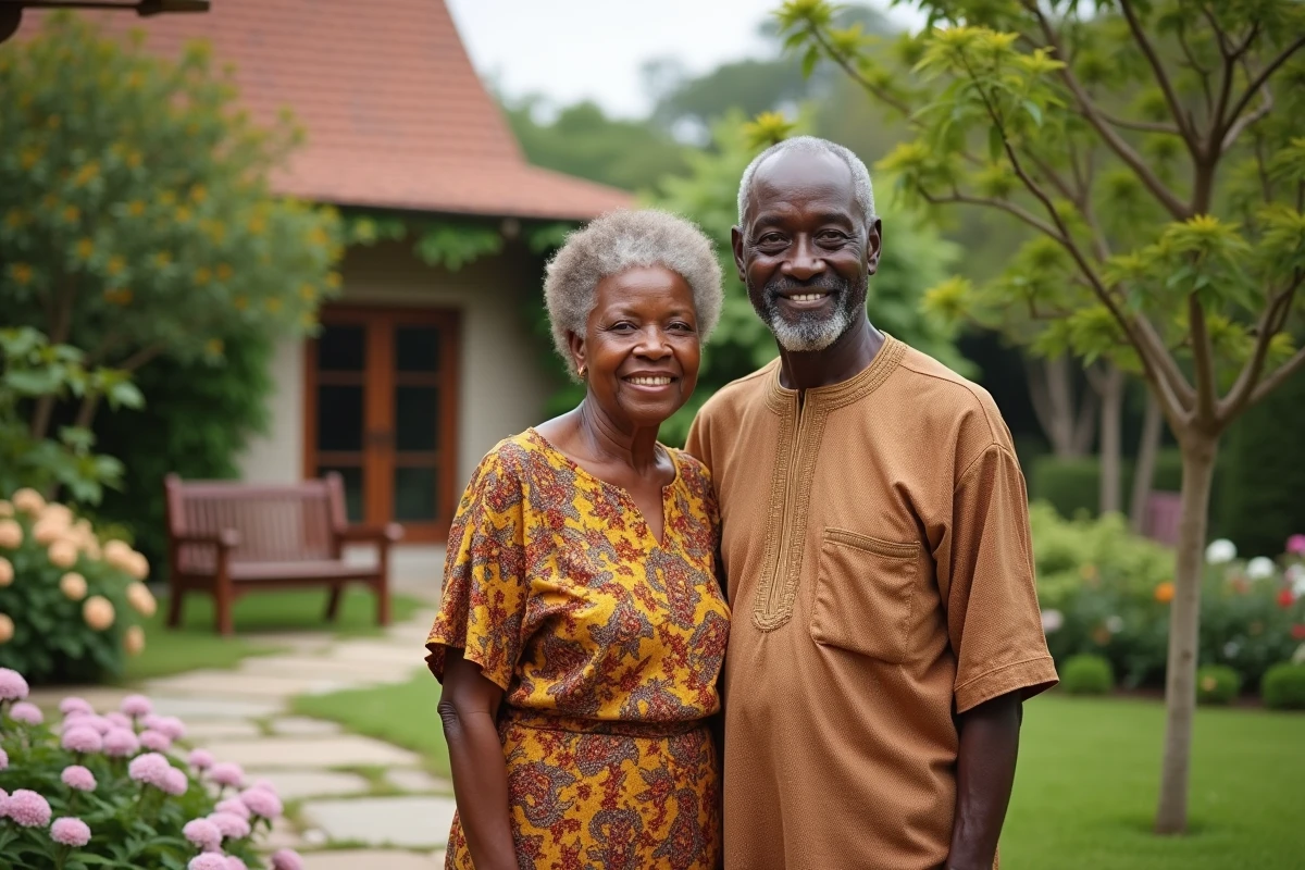 Couple africain dans un jardin fleuri souriant à la caméra