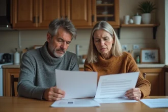 Couple français lisant des documents à la maison