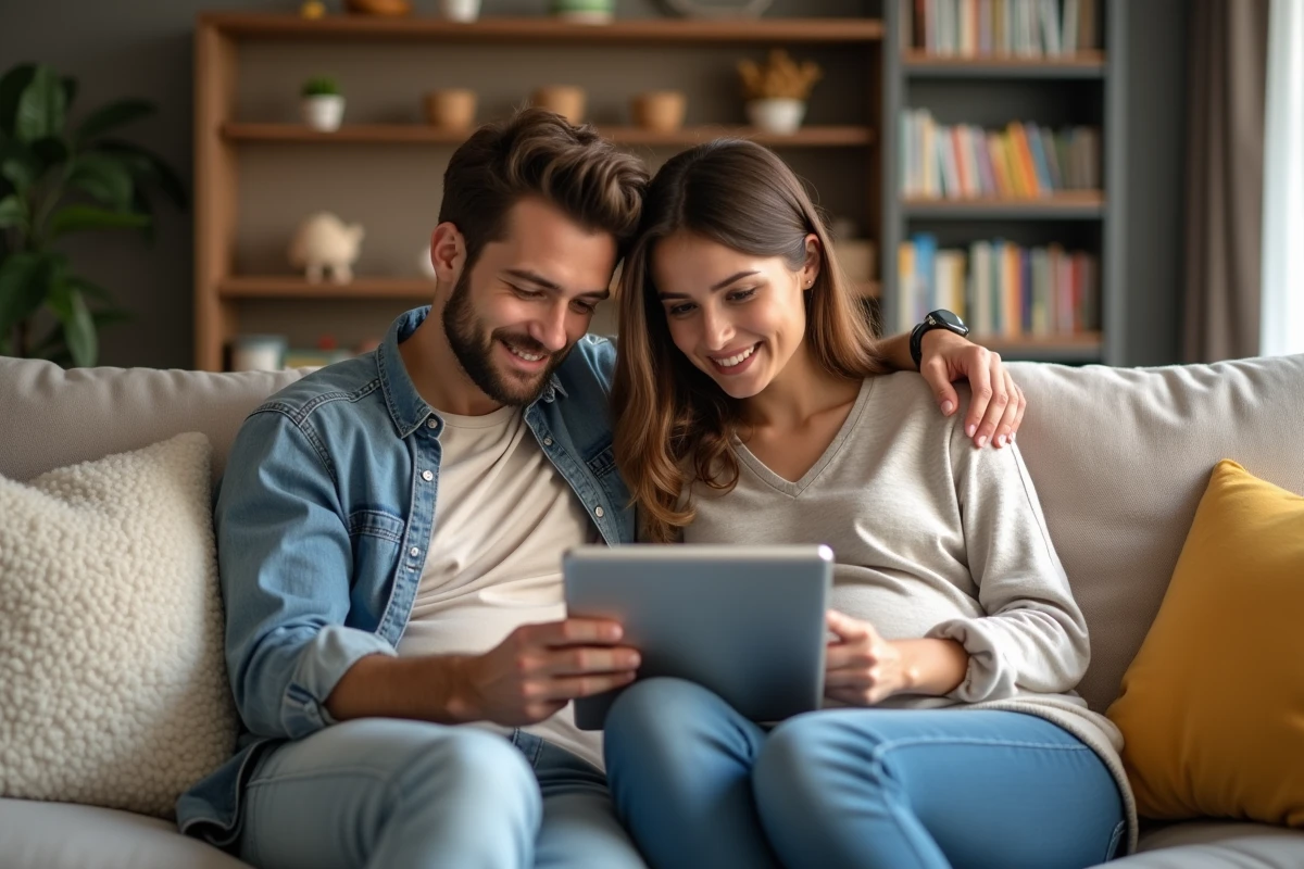 Jeune couple lisant des conseils parentaux sur un sofa