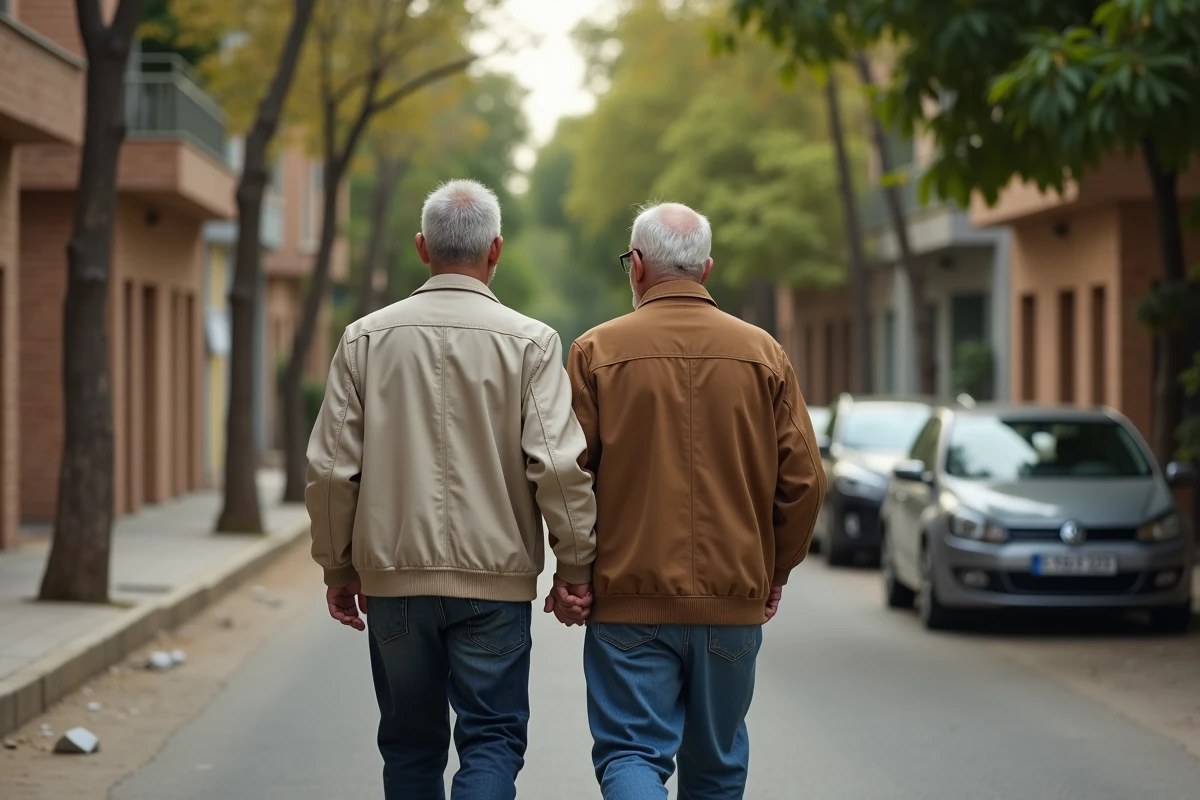 Couple nord-africain âgé marchant dans une rue résidentielle