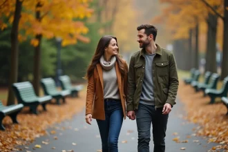 Couple en ville dans un parc automnal souriant