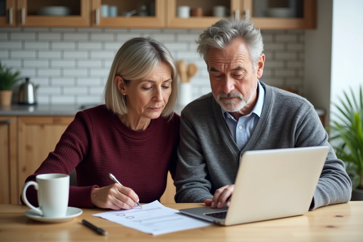 Couple quinquagénaire planifiant ensemble leur testament autour d'une table avec un ordinateur portable et des documents imprimés