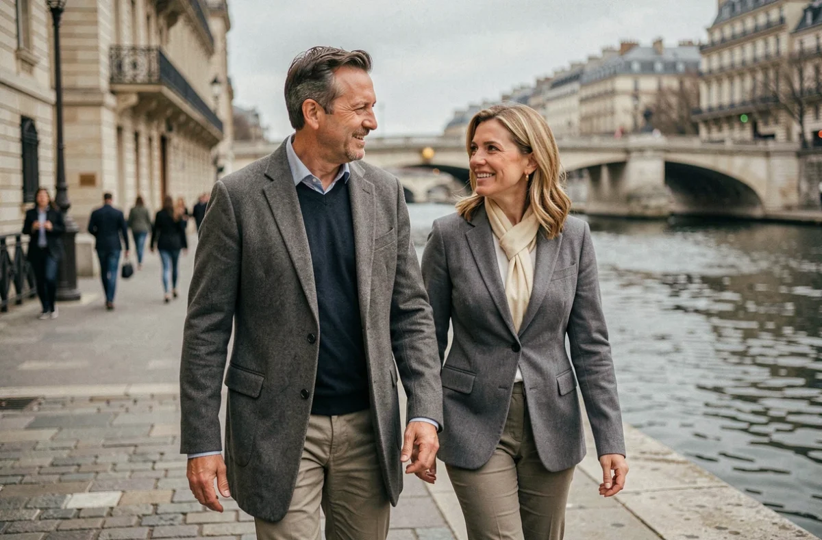 Couple de célébrités françaises se promenant au bord de la Seine à Paris, évoquant la vie privée d'Isabelle Carré et Bruno Pesery