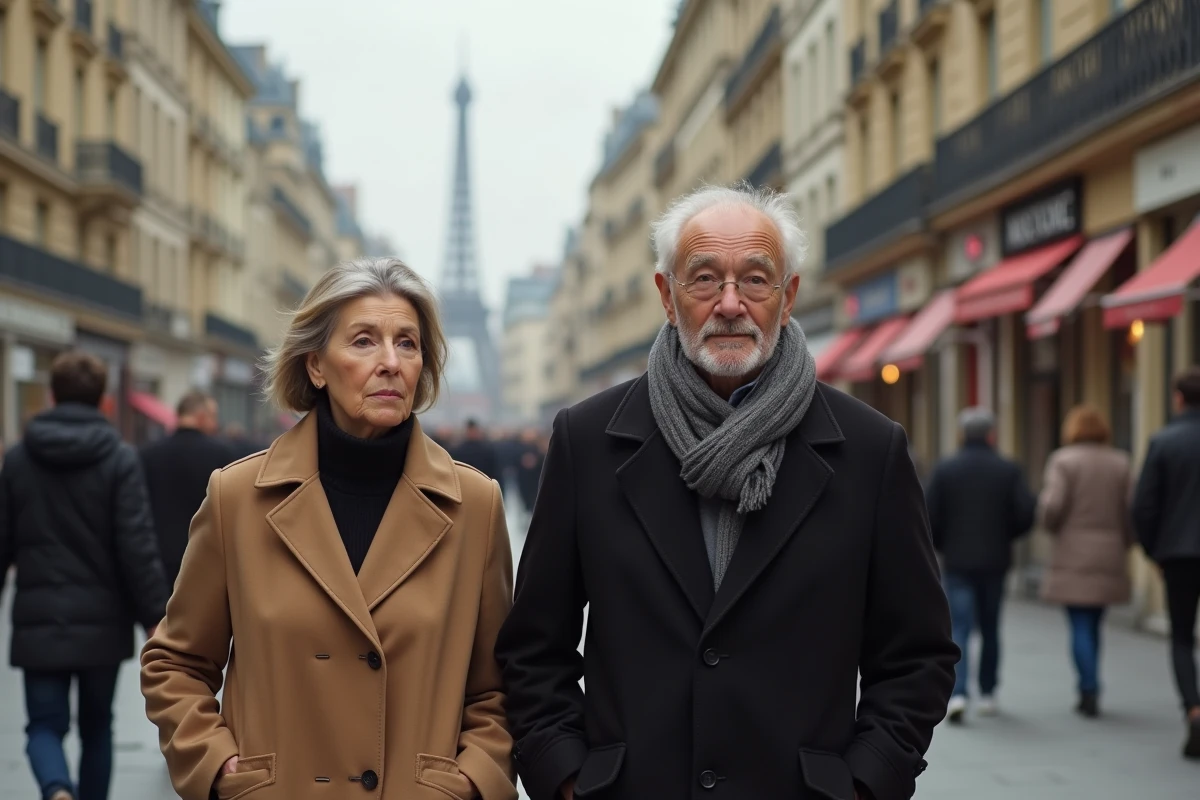 Couple de seniors se promenant sur un boulevard parisien haussmannien, illustration de la vie quotidienne d'une personnalité médiatique et son compagnon