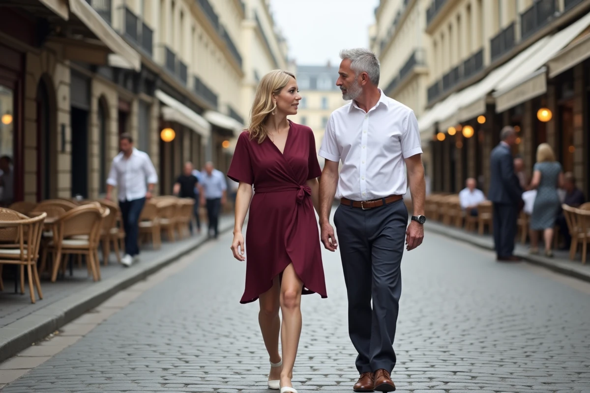 Couple élégant se promenant sur un boulevard parisien haussmannien, en conversation naturelle, illustrant la question de la notoriété publique ou privée du conjoint d'une personnalité médiatique