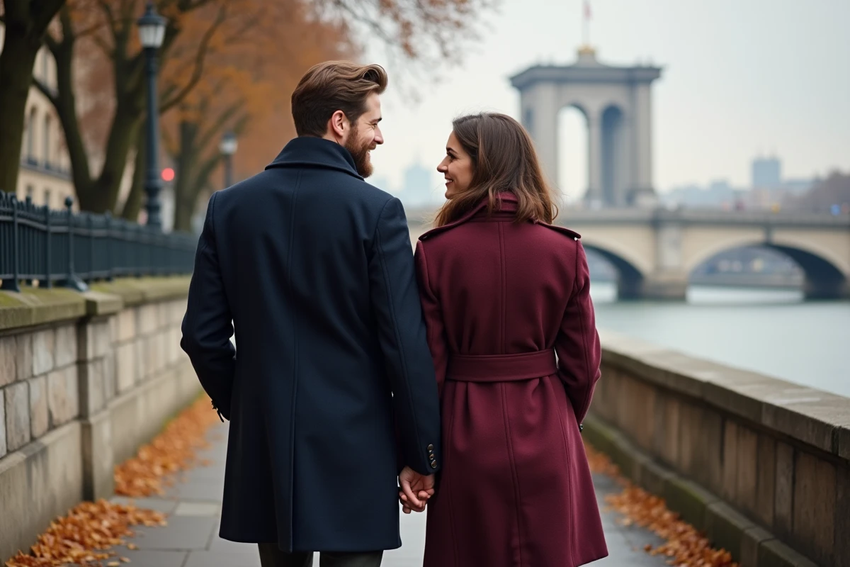 Un couple se promenant main dans la main sur les quais de la Seine en automne à Paris