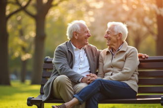 Couple senior assis sur un banc dans le parc souriant ensemble