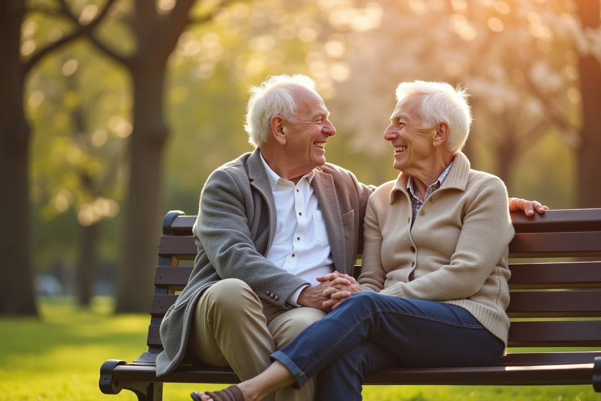 Couple senior assis sur un banc dans le parc souriant ensemble