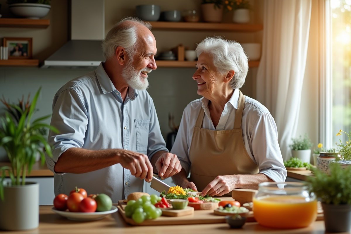 Couple senior préparant un repas dans la cuisine chaleureuse