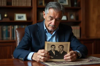Homme élégant tenant une photo de famille ancienne dans un bureau décoré d'objets culturels franco-iraniens, évoquant les origines et l'histoire familiale de Darius Rochebin