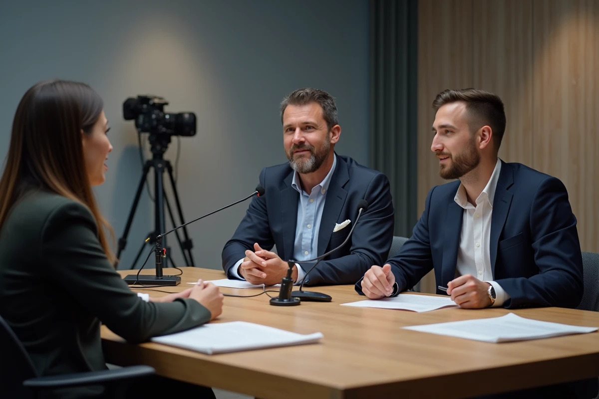 Trois journalistes en discussion dans un studio de télévision autour de documents de recherche, illustrant le débat médiatique sur les origines et l'identité de personnalités publiques