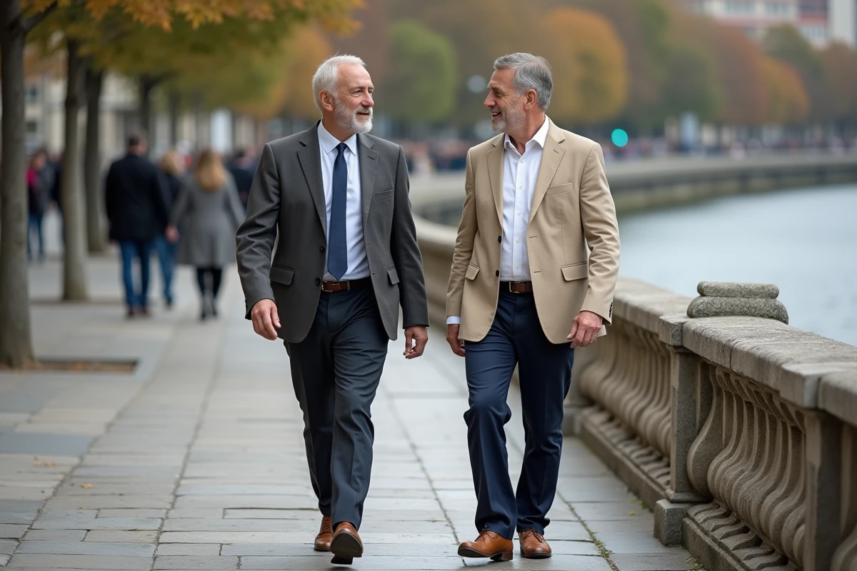 Deux hommes d'âge mûr en conversation animée se promenant sur un quai pavé européen, style reportage documentaire