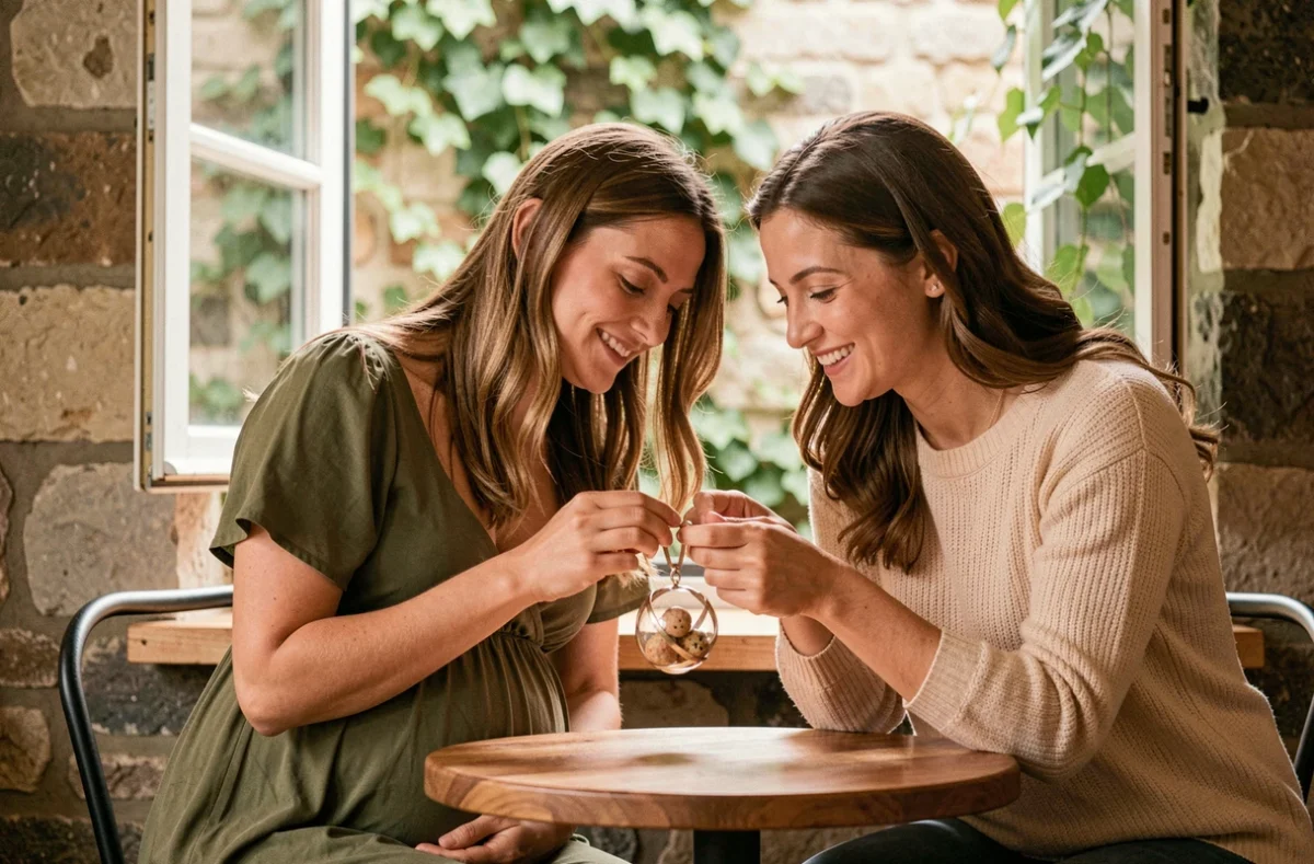 Deux femmes discutant de la tradition du bola de grossesse autour d'une table, ambiance chaleureuse et complice