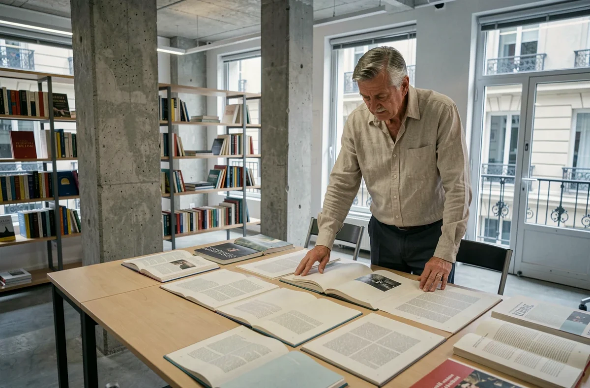 Éditeur français examinant des manuscrits dans une maison d'édition moderne à Paris, illustration du métier et du parcours professionnel d'un éditeur reconnu