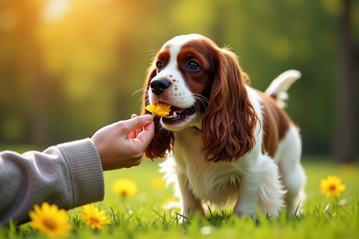 Cocker spaniel récompensé avec une friandise en plein air