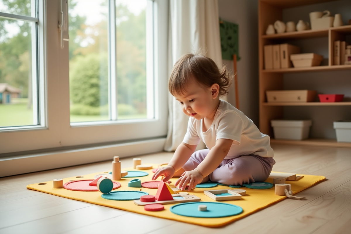Enfant organisant des formes colorées sur un tapis Montessori