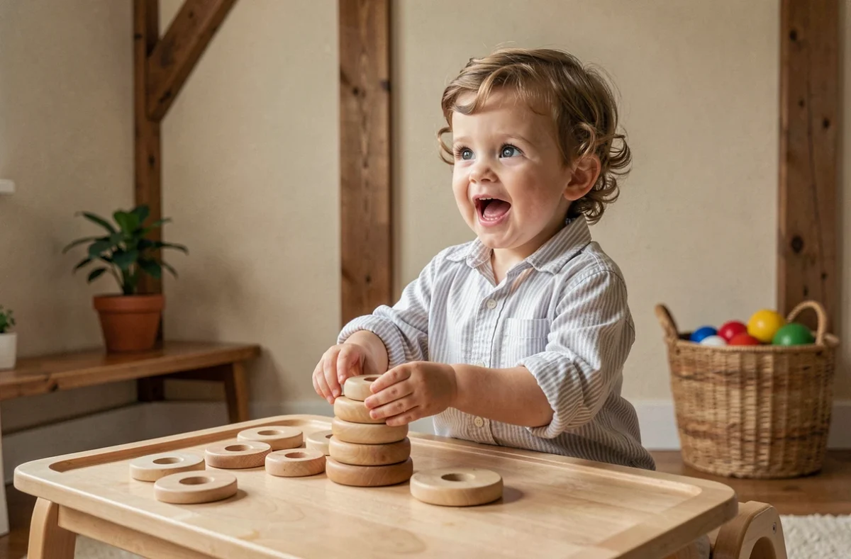 Tout-petit de 13 mois explorant des anneaux en bois naturel à empiler sur une table Montessori dans une chambre cosy
