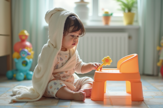 Petite fille dans une salle de bain cosy avec jouets