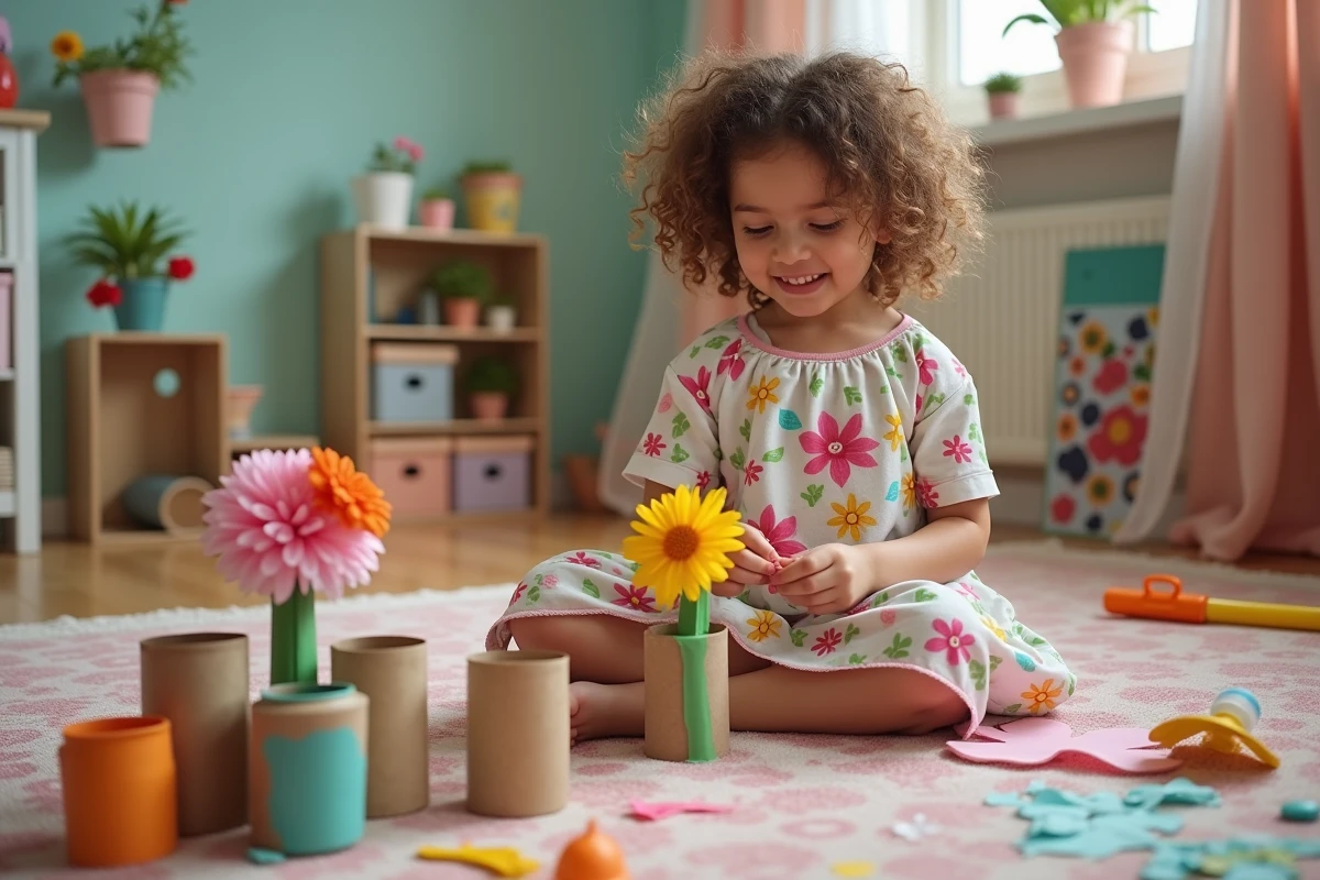 Enfant réalisant un bouquet en rouleaux de carton recyclés pour offrir à sa maman pour la fête des mères
