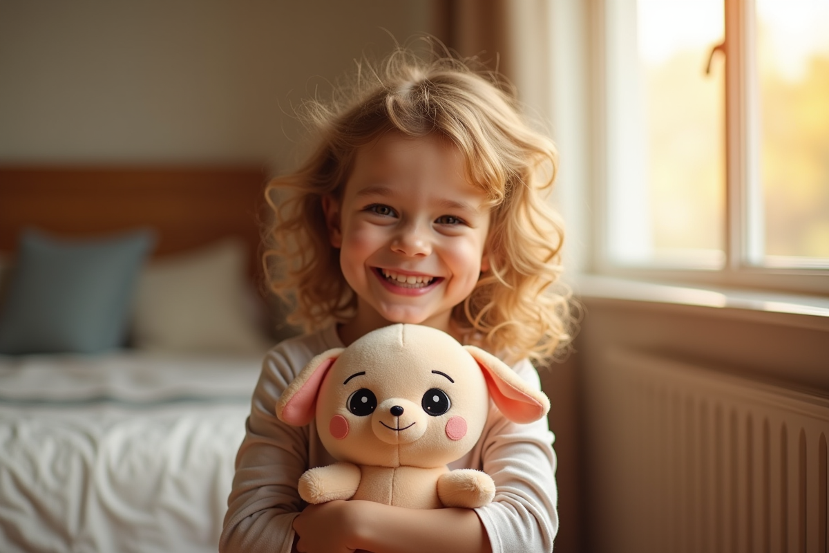 Enfant tenant un doudou OuiOui près d une fenêtre ensoleillée